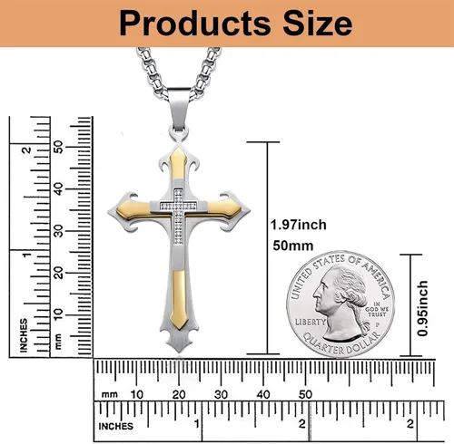 Vista 5 de Dowos Collar de cruz para hombre, collar con colgante de cruz para hombre, acero inoxidable 316L, colgante grande de cruz de Jesucristo, joyería