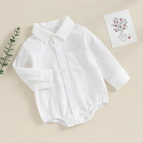 Vista 2 de Mameluco de camisa con botones para bebé, mameluco de burbujas con solapa blanca, color sólido, básico, ropa