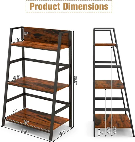 Vista 3 de Tangkula Estantería con escalera de 3 niveles, estantería industrial de madera con marco de metal, dispositivo antivuelco, estante de exhibición