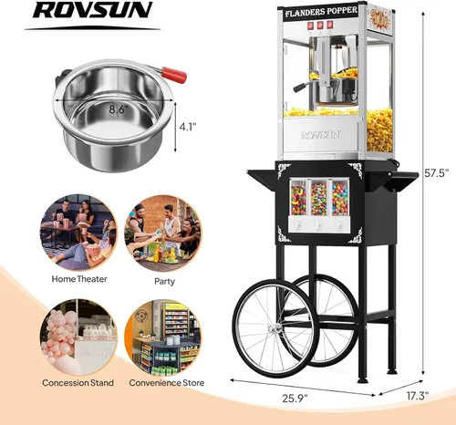 Vista 7 de Bonnlo Carrito de máquina de palomitas de maíz con hervidor de 10 onzas que hace hasta 40 tazas y luz de calentamiento, máquina de palomitas de maíz