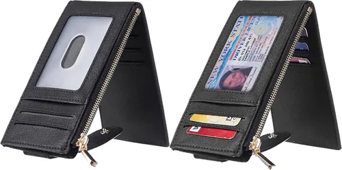 Vista 2 de Chelmon Billetera delgada con bloqueo RFID para mujer con bolsillo con cremallera Negro liso Minimalista