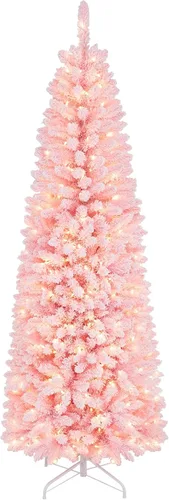 Vista 26 de GOFLAME Árbol de Navidad Artificial Preiluminado de 6 Pies, Árbol de Navidad Delgado con Cobertura de Nieve y Forma de Lápiz con Luces LED