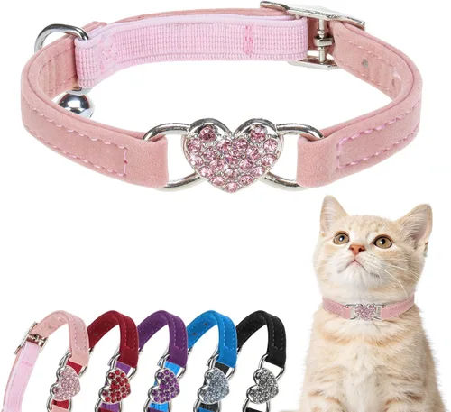 Vista 12 de BINGPET collar ajustable para gatos, de terciopelo suave, seguro, collares Bling diamante con cascabel, Adjustable, Negro Negro