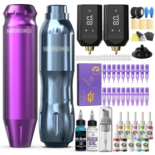Vista 7 de Kit de tatuaje inalámbrico de agujero de gusano de 1,800 mAh, juego de iniciación de 91 piezas, baterías recargables duales, 20 agujas de cartucho