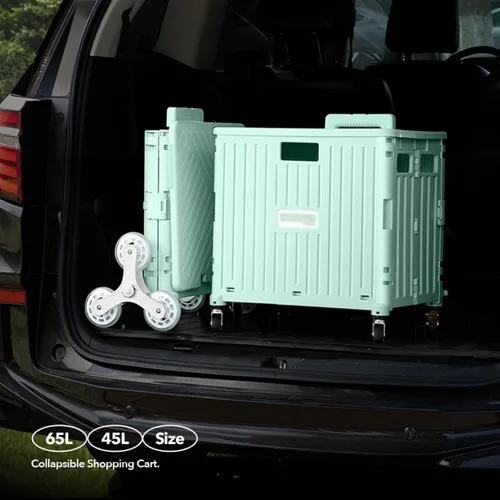 Vista 7 de Carrito de compras plegable con ruedas, capacidad de 45L, ruedas para subir escaleras, mango telescópico, blanco, 65L