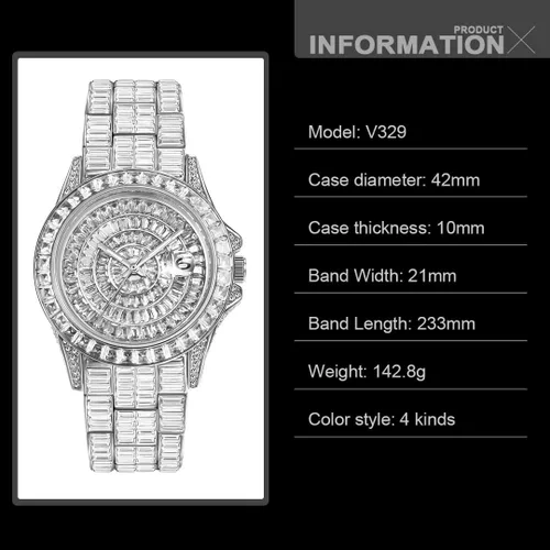 Vista 4 de PLADEN Men 42mm Ice Diamond Inlaid Simulated Lab Diamond Fashion Crystal Watch Luxury Gold Silver Quartz Watch Hip Hop Rap Wrist Watch