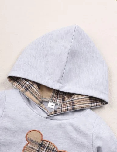 Vista 3 de Ropa de bebé niño a cuadros con capucha de manga larga con capucha y pantalones de retazos, ropa de invierno para niño