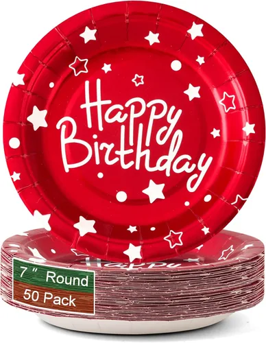 Vista 15 de Platos de papel de fiesta de feliz cumpleaños, platos de postre negros, 7 pulgadas, 50 unidades, lunares de aluminio para decoraciones de fiesta