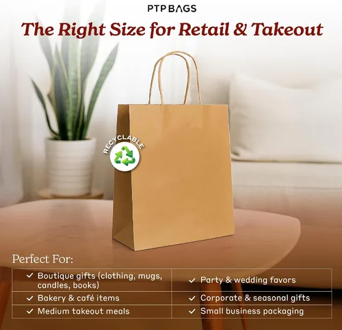 Vista 2 de PTP Bags Bolsas de papel kraft de 8 x 4.75 x 10.5 pulgadas, bolsa reciclable de 3.53 oz/m² con asas reforzadas para regalos de boutique, compras al