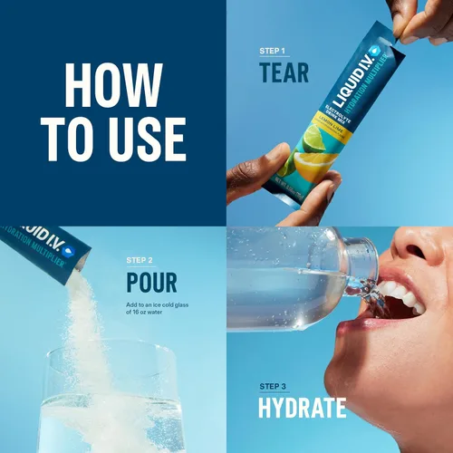 Vista 4 de Liquid I.V.® Multiplicador de Hidratación - Paquete Variado - Lima Limón, Fruta de la Pasión, Fresa, Ponche Tropical Mezcla de Bebida en Polvo