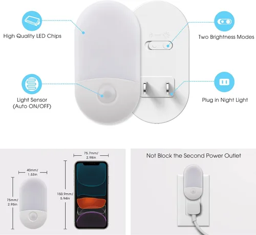 Vista 5 de LOHAS - Luz nocturna enchufable para niños, luz nocturna del atardecer al amanecer, brillo ajustable 30/60 lm, luz blanca diurna 5000 K, para baño
