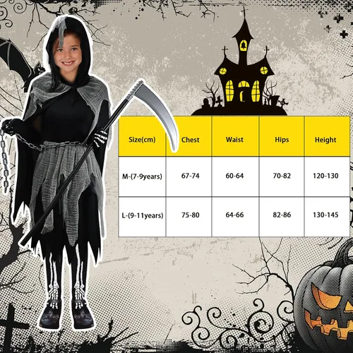 Vista 4 de GOLDGE Scary Girl Grim Reaper Costume Set with Gloves and Tights for Dress Up Party - Perfect for Halloween