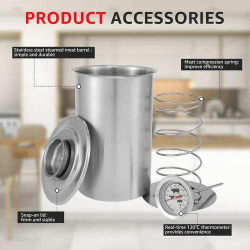 Vista 6 de Ham Maker - Olla de prensa de carne de acero inoxidable para hacer carne casera saludable con un termómetro, forma redonda, molde de prensa de carne