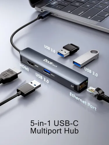 Vista 7 de Hub Ethernet USB C, adaptador multipuerto 5 en 1 de dockteck con USB C a 4K HDMI, LAN de 1 Gbps, 3 USB 3.0, para MacBook Air/Pro, iPad Air/Pro