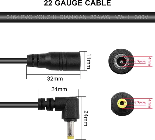 Vista 5 de GINTOOYUN DC4017 Cable de extensión de alimentación 22AWG DC 0.157 in x 0.067 in ángulo recto macho a hembra Cable adaptador de corriente para PSP