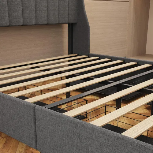 Vista 7 de HAUSHECK Base de cama Queen con cabecera de almacenamiento, 4 cajones y luces LED, cama de plataforma tapizada con cabecera de alas, marco de cama