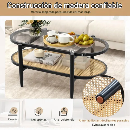Vista 5 de GIANTEX - Mesa auxiliar de ratán, mesa central ovalada de madera de 40 pulgadas, color negro