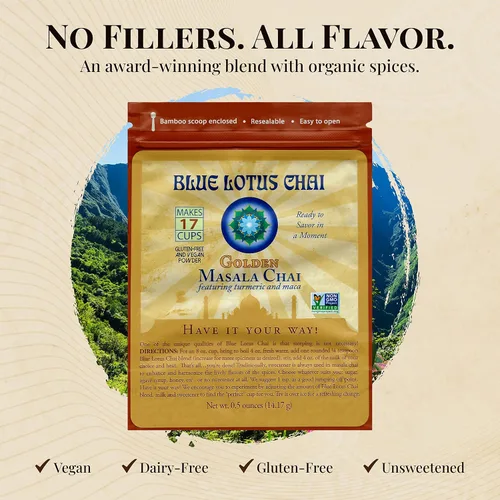 Vista 3 de Blue Lotus Chai - Golden Masala Flavor Chai - Hace 17 tazas - 0.5 onzas Masala Spiced Chai Powder con especias orgánicas - Té indio instantáneo sin