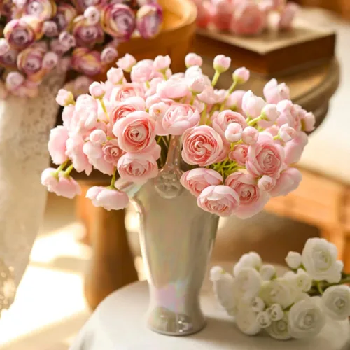 Vista 4 de ASTRYAS Ranunculus Flores artificiales, 18 piezas de seda sintética de color rubor, mini ranúnculo, flores falsas para relleno de boda para ramos