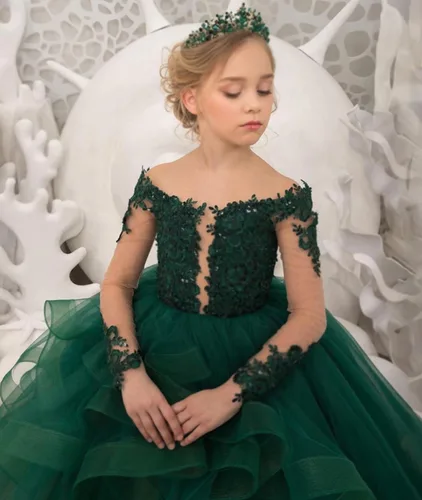 Vista 4 de Vestido de niña de flores de manga larga con apliques de princesa de tul escalonado, vestido de baile para niños, disfraces de fiesta de graduación