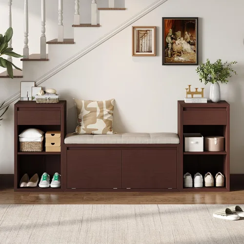 Vista 15 de SOFTSEA Banco de Almacenamiento Tapizado, Otomana de Almacenamiento con Cesta Removible y 2 Cajones, Banco de Zapatos de Estilo Granja con Cojín