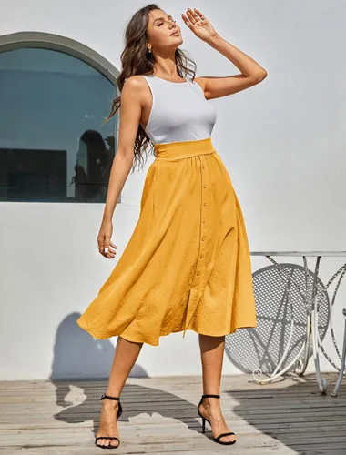 Vista 7 de Kate Kasin Falda midi de cintura alta para mujer, estilo vintage, elástica, acampanada, plisada, con botones y bolsillos