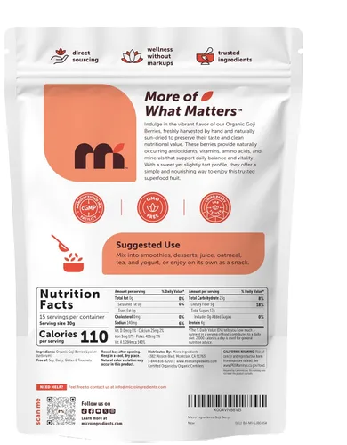 Vista 6 de Micro Ingredients Bayas de Goji Orgánicas, 1Lb (16oz) Grandes Bayas Enteras Secas al Sol Superalimento Crudo de Lycium Barbarum Sabor Natural