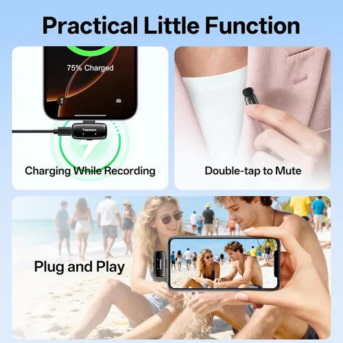 Vista 9 de Mini micrófono inalámbrico Lavalier para iPhone, iPad, Android, reducción de ruido y silencio, funda de carga de 33 horas, cambiador de voz AI