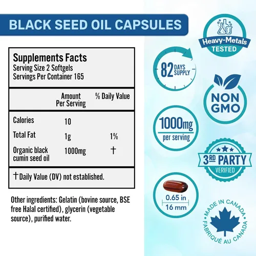 Vista 2 de Bio Absorb - Cápsulas de aceite de semilla negra, 330 cápsulas blandas, suministro para 82 días, prensado en frío Black Cumin Seed Oil