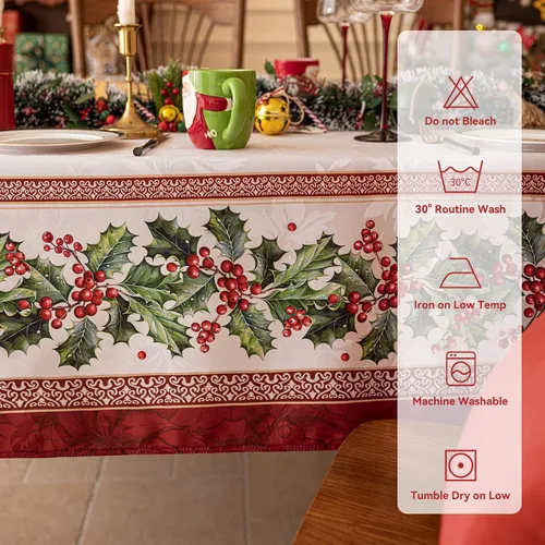 Vista 5 de Softalker Mantel Cuadrado de Jacquard Navideño, Mantel Impermeable Vintage de Invierno con Acebo, Cubierta de Mesa de Tela Estilo Granja Navideña