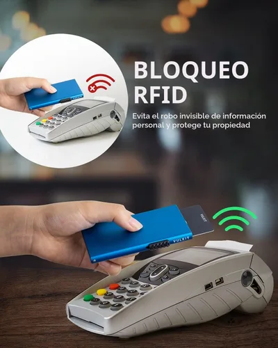 Vista 4 de Cartera de tarjetas de crédito minimalista VULKIT con protección RFID, cartera de metal delgada con tarjetero emergente, Azul, Minimalista