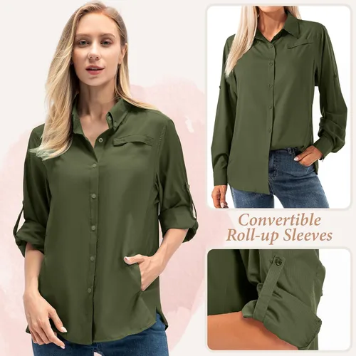 Vista 2 de Camisas de manga larga para mujer secado rápido protección UV convertibles para senderismo campamento pesca navegación
