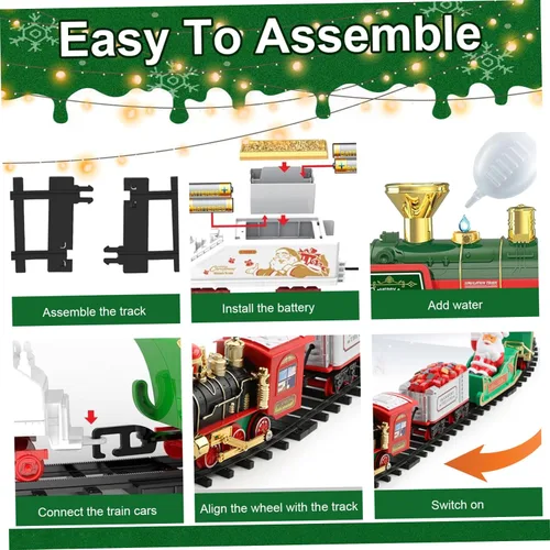 Vista 3 de Juego de tren de árbol de Navidad con luz y sonido colgante de tren de Navidad con locomotora, coche de carbón, carro, trineo y pistas árbol