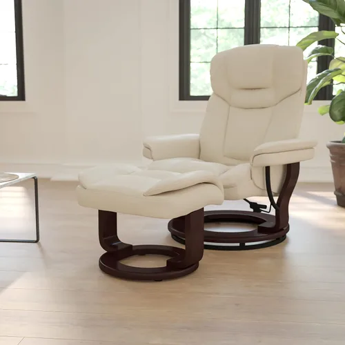 Vista 2 de Sillón reclinable y taburete de piel beige con base giratoria de madera caoba de Flash Furniture, Cuero, Beige Ajuste de palanca, reposabrazos