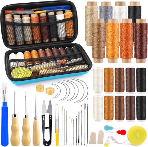 Vista 9 de Kit de costura de cuero MORFEN, kit de costura de cuero con punzón de costura, agujas, hilo encerado, kit de reparación de tapicería, herramientas