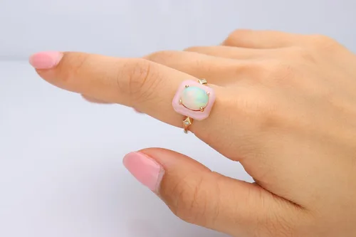 Vista 4 de Gin & Grace Anillo de oro amarillo de 14 quilates con ópalo etíope natural y ópalo rosa con diamantes para mujer Joyería hecha a mano de ópalo