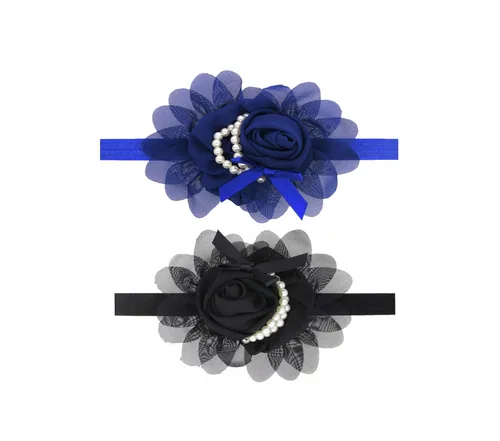 Vista 5 de 2 diademas negras para bebé niña con perlas y flores de perlas, accesorios de banda para el pelo para niños pequeños (FD48-negro)