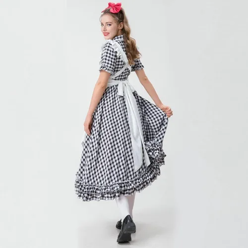 Vista 6 de Vestido de Halloween para mujer 2022, vestido de manga corta a cuadros de moda
