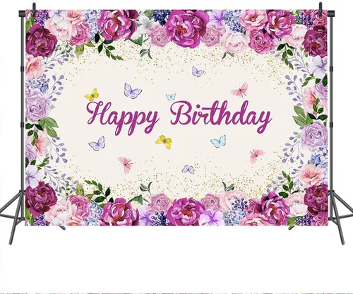 Vista 3 de Mocsicka Telón de fondo de fiesta floral de mariposa para bebés, niñas, hada, princesa, feliz cumpleaños, fotografía de fondo, vinilo para niños