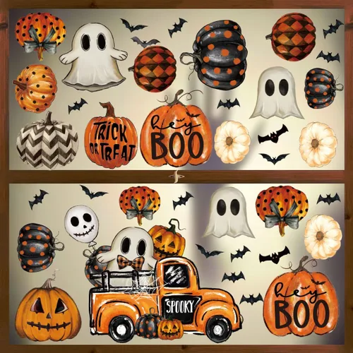 Vista 3 de Horaldaily 40 calcomanías de Halloween para ventana, Jack-O-Lantern, calabaza, camión, gnomo, fantasma, murciélagos, gatos, suministros de fiesta