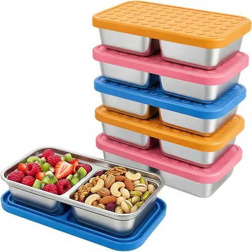 Vista 16 de 2 cajas Bento de acero inoxidable 304, 2 compartimentos, contenedores portátiles de almacenamiento de alimentos, cajas de aperitivos con tapas, caja