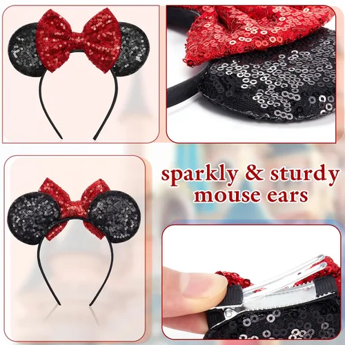 Vista 5 de Akkya Diadema con orejas de ratón y pinzas para el cabello, accesorios para mujeres, niñas, niños y adultos, fiesta de cumpleaños, disfraz de parque