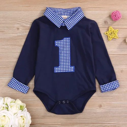 Vista 2 de Mameluco de manga larga para bebé niño, para primer cumpleaños, a cuadros, cuello alto