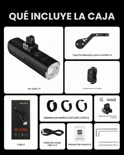Vista 9 de Magicshine Luz de bicicleta RN 1500S, luces de bicicleta para conducción nocturna con montaje inferior, control FTR LightSync, recargable por USB