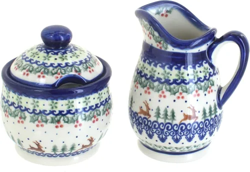 Vista 8 de Blue Rose Polish Pottery - Juego de crema y azúcar Hannah azul - 1 taza de crema - Crema de cerámica polaca pintada a mano y azucarero con tapa