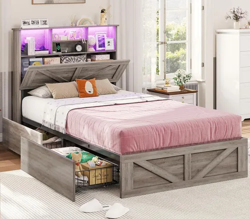 Vista 11 de VIAGDO Bastidor de cama estilo granja tamaño completo con cabecero de almacenamiento tipo librero, estación de carga y luces LED, bastidor de cama