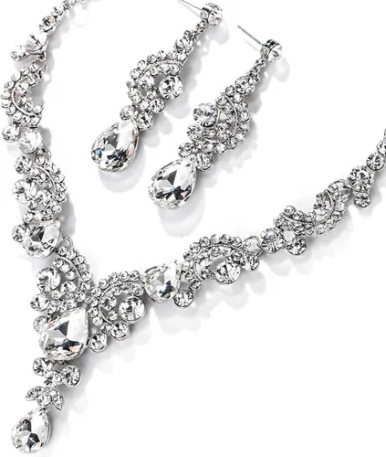 Vista 5 de Ever Faith - Conjunto de collar y aretes de lágrima con cristales de diamantes de imitación para novia, ondas florales