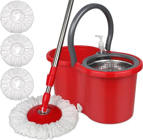 Vista 9 de Trapeador giratorio y cubo con juego de escurridor, sistema de cubo giratorio de 360° con 3 cabezales de repuesto de mopa de microfibra y mango