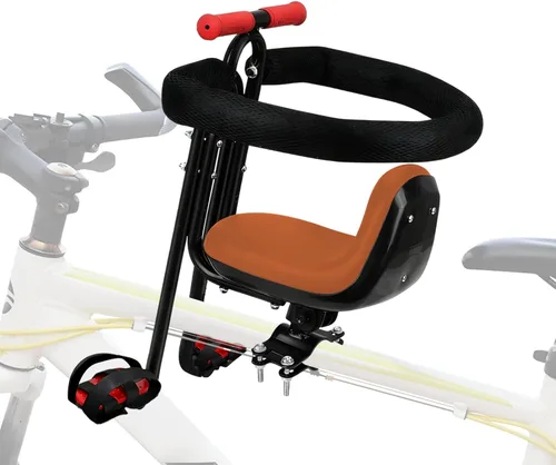 Vista 8 de Asiento de bicicleta infantil montado en la parte delantera para adulto MTB, portabicicletas interactivo para niños con barandilla completa, pedales