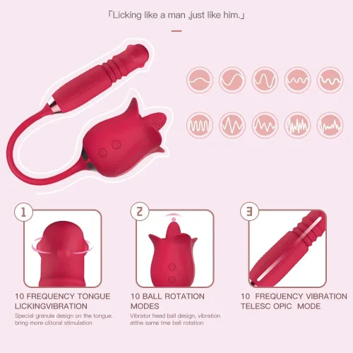 Vista 2 de Juguete sexual de rosas para mujeres, estimulador sexual de rosas 3 en 1 para mujeres, 10 lenguas lamiendo y 10 telescópicas y vibrador de rotación